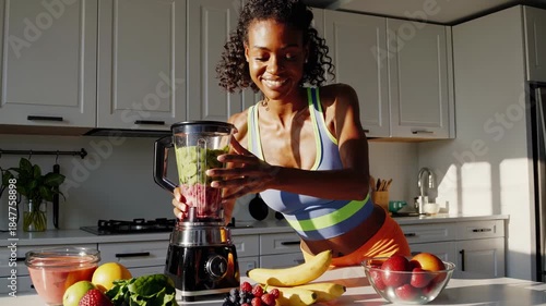 Happy young black woman standing in a modern kitchen, preparing a nutritious fruit and vegetable smoothie for a healthy breakfast, reflecting a wholesome and active lifestyle