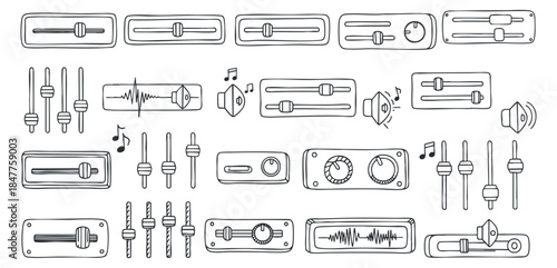 A collection of audio control icons including sliders, knobs, and sound waveforms in minimalist outline vector style, perfect for music and technology projects