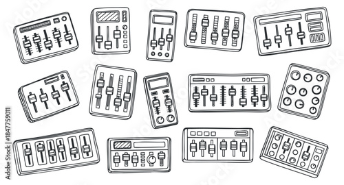 A collection of audio mixing console illustrations in black and white outline vector style, ideal for music production and technology design