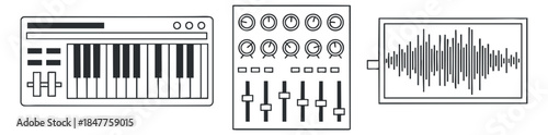 A collection of music production icons featuring a keyboard, audio mixer, and sound waveform display in minimalist vector style, suitable for creative projects and music-related designs