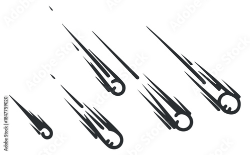 A set of falling meteors with dynamic trails in black outline vector style, ideal for space-themed designs and illustrations