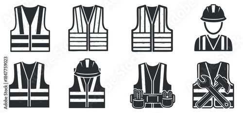 A collection of safety vests, helmets, and tools in black and white vector style, ideal for construction and safety projects