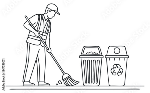 A sanitation worker sweeping the street beside recycling and trash bins in outline vector style, suitable for environmental awareness projects