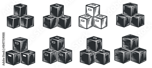 A set of stacked boxes in black and white outline vector style, ideal for logistics and shipping design projects