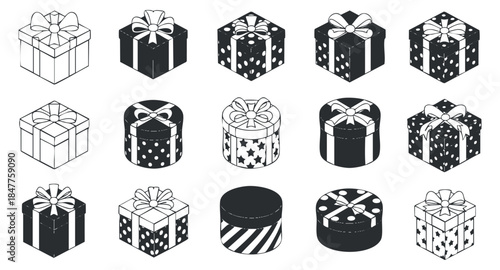 A collection of various gift boxes with ribbons and patterns in black and white vector style, suitable for festive designs and branding