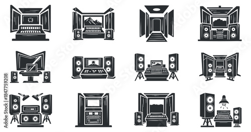 A collection of music studio equipment icons in black and white geometric vector style, ideal for audio production and design projects