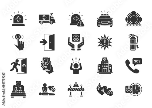 Emergency thin glyph icon set. Containing ambulance, urgent, police, lifebuoy, button, exit, medical, critical, extinguisher, evacuation