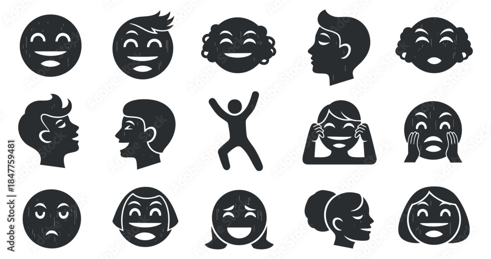 Naklejka premium A collection of diverse facial expressions including happy, sad, and surprised faces in black and white vector style, suitable for emotional design projects