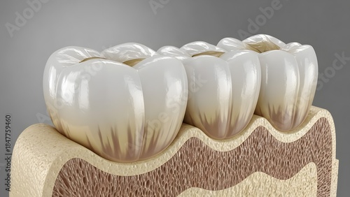 Ultra-detailed 3D render focusing on the tooth enamel and dentin layers, showing intricate textures and natural shading. High resolution, realistic rendering of enamel surface and dentin structure, ed