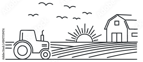 A tractor plowing fields with a barn and sunrise in minimalist line art vector style, ideal for agricultural themes