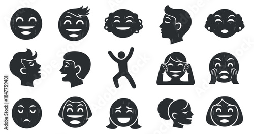 A collection of diverse facial expressions including happy, sad, and surprised faces in black and white vector style, suitable for emotional design projects