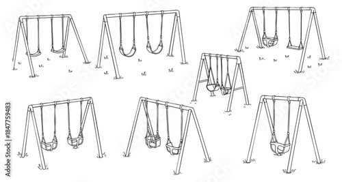 A collection of playground swings in black and white minimalist vector style, ideal for children’s activity and outdoor designs