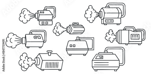 A collection of smoke machines and generators in black and white outline vector style, ideal for creative projects and graphic design