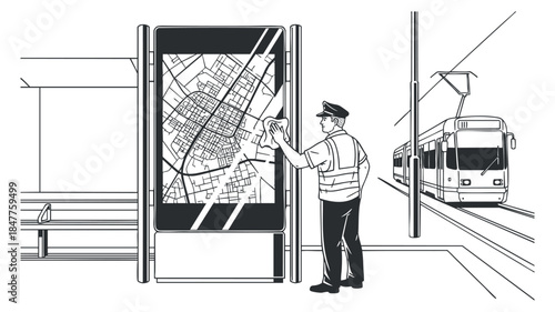 A police officer checking a city map at a public transport stop in a clean outline vector style, ideal for urban planning and transport illustrations