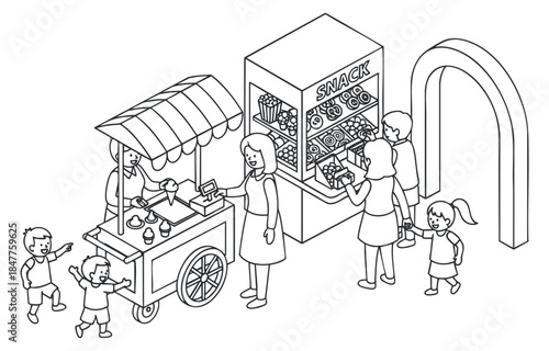 A line art illustration of a snack cart and vending machine with children and adults in an outdoor setting, in minimalist vector style