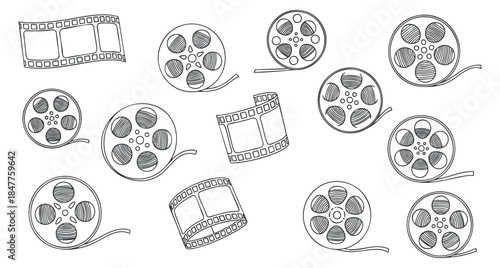 A collection of vintage film reels and filmstrips in outline vector style, ideal for cinema and media projects