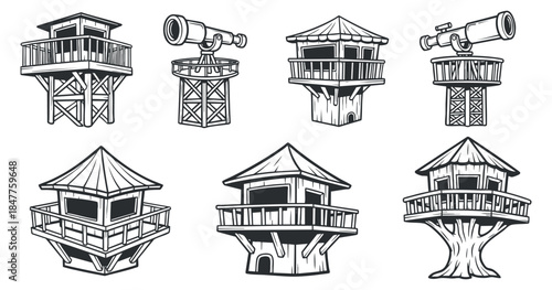 A collection of treehouse designs with telescopes in black and white vector style, ideal for outdoor adventure themes and children's playgrounds