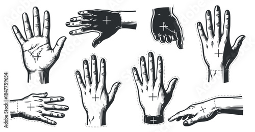 A collection of hand gestures and poses in black and white sketch vector style, suitable for artistic projects and graphic design