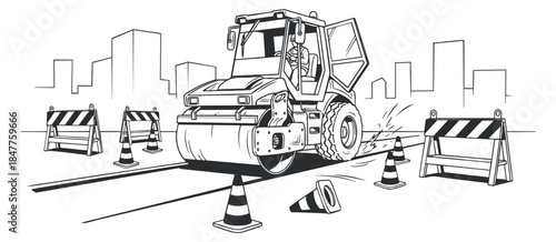 A construction roller working on a road with traffic cones and barriers in black and white outline vector style, ideal for infrastructure projects