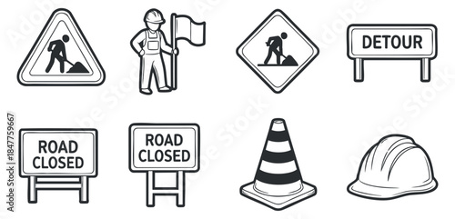 A collection of road construction icons including signs, a worker with a flag, and a traffic cone in black and white vector style, ideal for urban planning and transportation projects