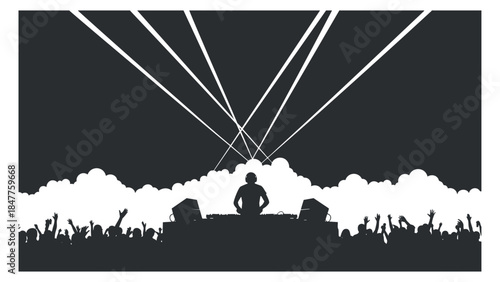 A DJ silhouette performing on stage with a cheering crowd and laser lights in black and white minimalist vector style, ideal for music events and festival branding