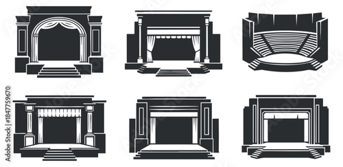 A collection of six theater stage designs in black and white vector style, suitable for artistic projects and entertainment branding
