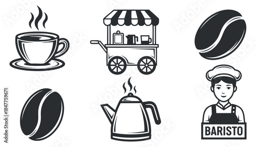 A collection of coffee-related elements including a steaming cup, coffee cart, kettle, beans, and a barista in black and white minimalist vector style, ideal for cafe branding and marketing