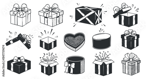A collection of various gift boxes and presents in black and white outline vector style, ideal for festive designs and celebrations