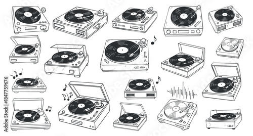 A collection of various vinyl record players and turntables in black and white outline vector style, perfect for music-related designs and projects