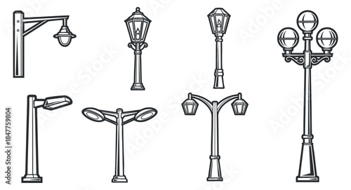 A collection of various street lamp designs in black and white outline vector style, suitable for urban planning and design projects