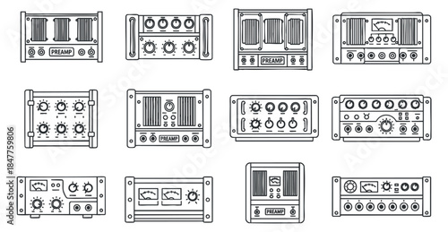 A collection of audio preamp illustrations in black and white outline vector style, suitable for music and sound design projects