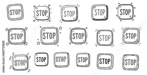 A collection of hand-drawn stop icons in black and white outline vector style, suitable for warning and notification designs