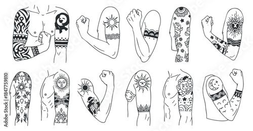 A collection of various arm tattoo designs in black and white vector style, ideal for tattoo inspiration and body art concepts