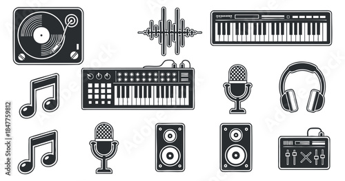 A collection of music and audio equipment icons including microphones, speakers, and a turntable in black and white vector style, perfect for music-related projects