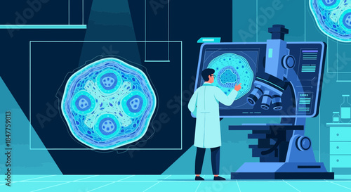 Scientist analyzing cell structure under a futuristic microscope in a modern laboratory