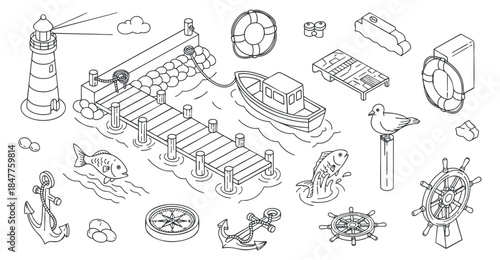 A collection of nautical elements including a lighthouse, boat, dock, and marine life in outline vector style, perfect for coastal-themed designs