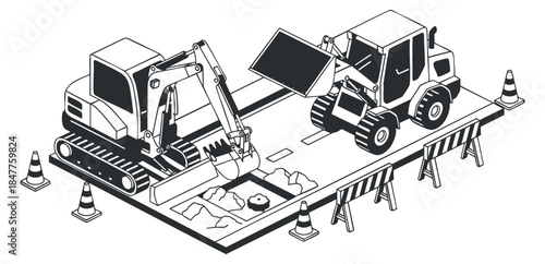 A collection of construction machinery including an excavator and bulldozer in black and white vector style, ideal for engineering and infrastructure projects