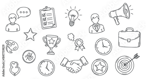 A collection of business-themed icons including checklist, trophy, light bulb, and handshake in black and white outline vector style, perfect for corporate design and presentations