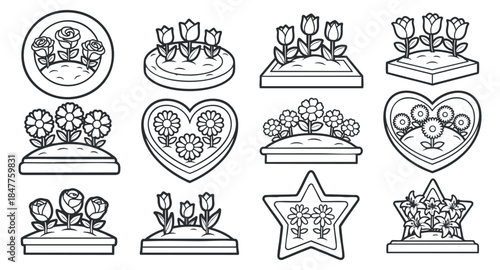 A collection of floral designs featuring roses, tulips, and daisies in outline vector style, perfect for crafting and decorative projects