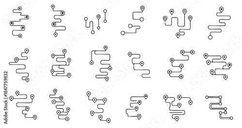 A collection of abstract navigation path icons and location markers in minimalist black outline vector style, suitable for map designs and travel applications