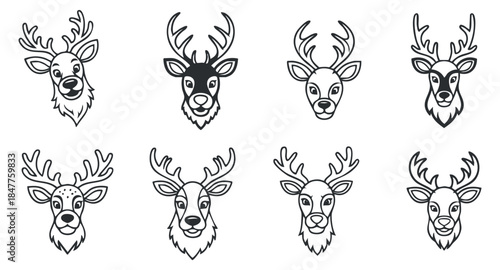 A set of eight deer head illustrations in black and white outline style, ideal for nature-themed designs and holiday decorations