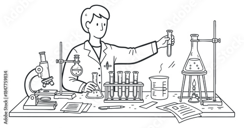 A scientist conducting experiments with test tubes and laboratory equipment in a minimalist black and white vector style, suitable for educational materials