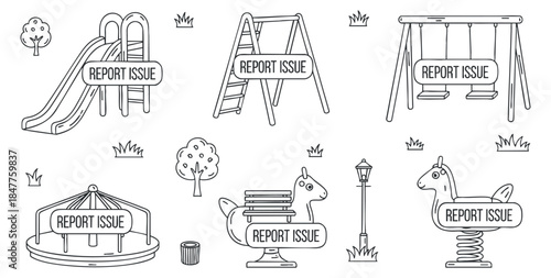 A collection of playground equipment including a slide, swing, carousel, and spring rider in black and white outline vector style, ideal for safety reports and maintenance illustrations