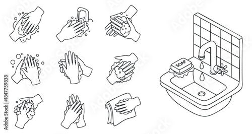 A set of handwashing icons demonstrating various techniques in minimalist outline vector style, suitable for health and hygiene education
