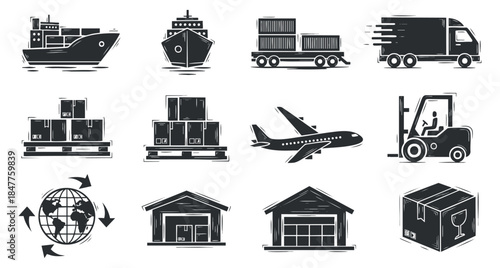 A collection of transportation and logistics icons including ships, trucks, airplanes, and warehouses in black and white vector style, suitable for logistics and shipping projects