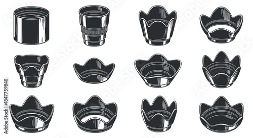 A collection of various cup and mug designs in black and white outline vector style, suitable for kitchenware branding and packaging