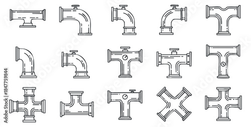 A collection of various plumbing pipe fittings and connectors in clean outline vector style, ideal for engineering and technical illustrations
