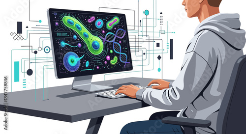 Scientist analyzes microorganisms and dna on computer for research and development in a futuristic