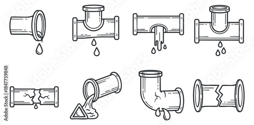 A collection of plumbing pipes with leaks and breaks in black and white outline vector style, ideal for plumbing service graphics
