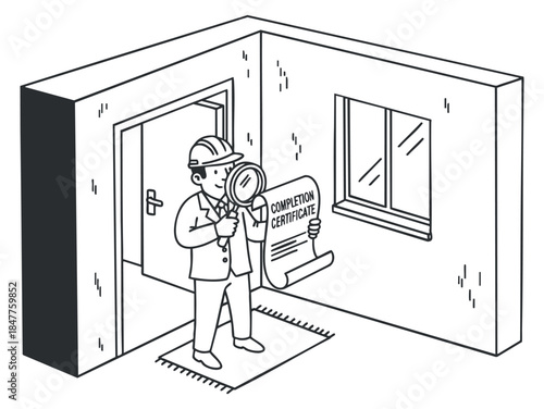 A construction inspector holding a magnifying glass inspecting a completion certificate in black and white minimalist vector style, ideal for real estate and construction projects